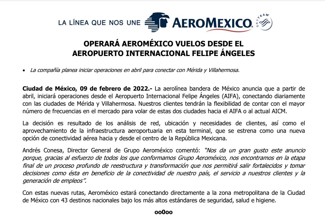 Aeroméxico tendrá vuelos en el aeropuerto de Santa Lucía