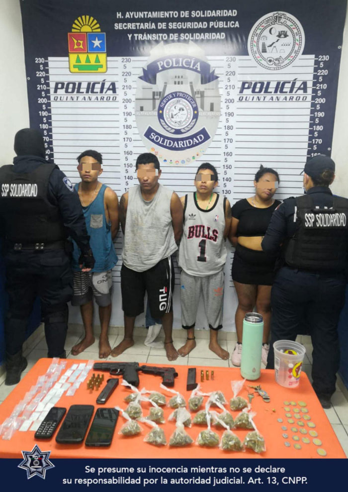 Tres hombres y una mujer son detenidos con drogas y armas en Playa del Carmen