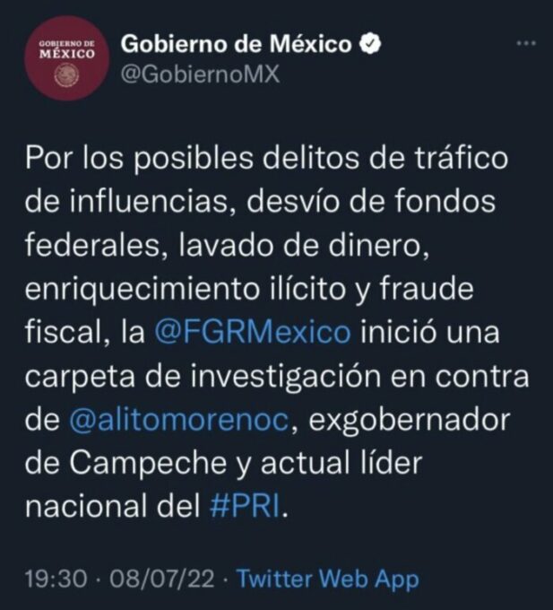 Un error, tuit de Gobierno de México sobre investigación a "Alito" Moreno: AMLO